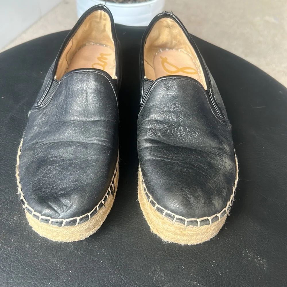 (Flaws) Sam Edelman Carrin Black Leather Platform Espadrilles Size 7